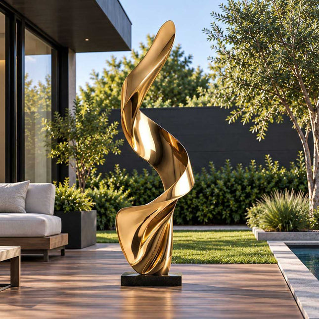 Gold twisting ribbon sculpture on a wooden patio beside a modern backyard swimming pool