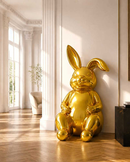 Gold stainless steel rabbit sculpture displayed in a luxury interior space