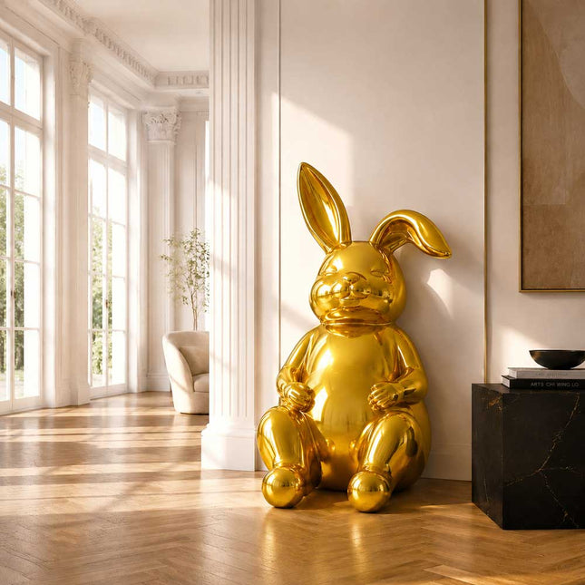 Gold stainless steel rabbit sculpture displayed in a luxury interior space