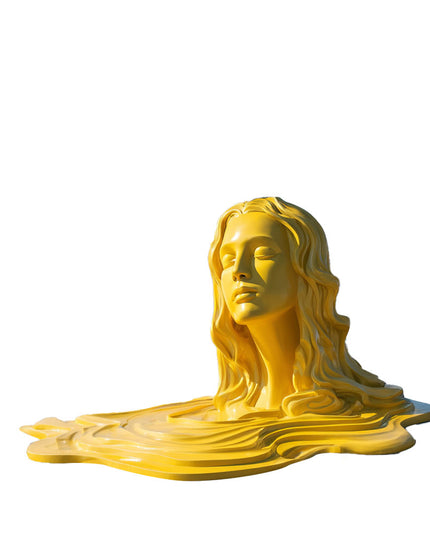 Golden yellow stainless steel figure sculpture with high-gloss painted finish
