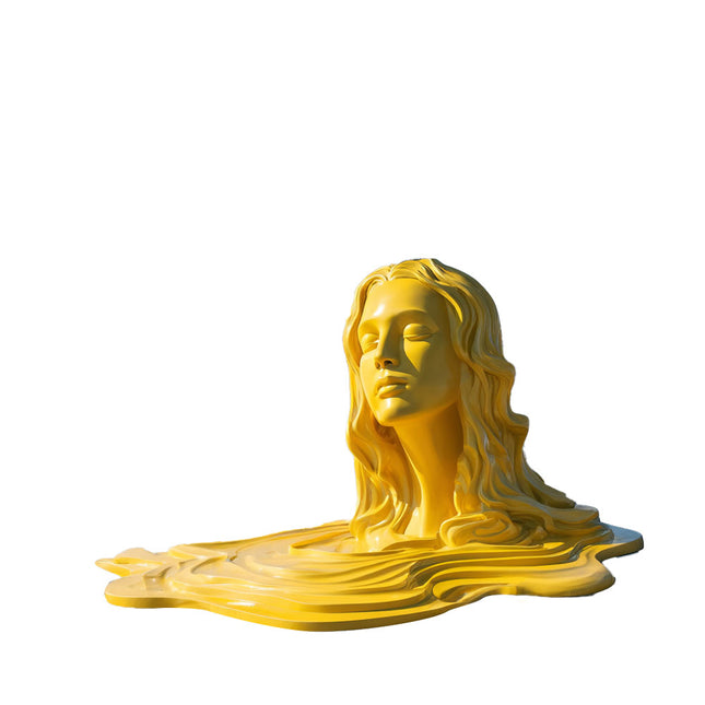 Golden yellow stainless steel figure sculpture with high-gloss painted finish