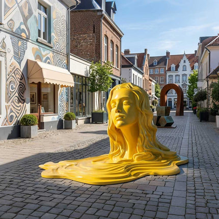 Golden yellow stainless steel figure sculpture displayed in a contemporary outdoor space