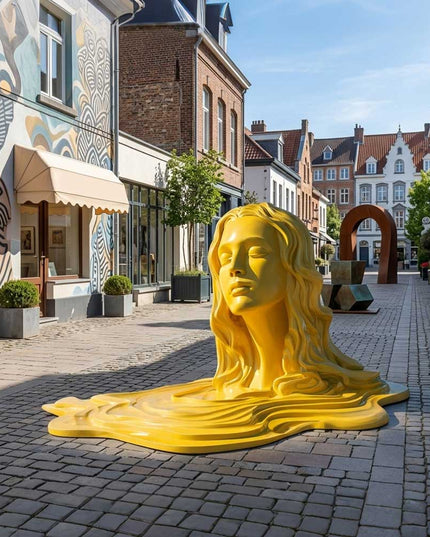 Golden yellow stainless steel figure sculpture displayed in a contemporary outdoor space