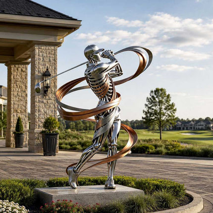 Stainless steel golf statue displayed outside a golf clubhouse entrance