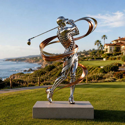 Contemporary golf statue displayed in an outdoor coastal landscape