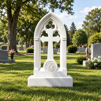 Front view of a white marble Christian headstone with Gothic arch and Celtic knot carving.