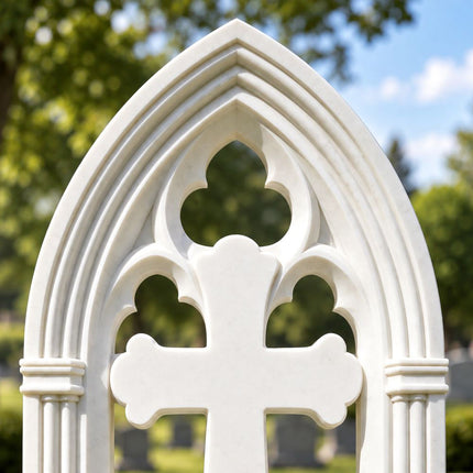 Close-up of pointed Gothic arches and trefoil tracery carved in white marble.