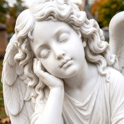 Close-up view of handcrafted marble religious angel statue details