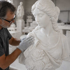 Hand refining and gently cleaning a finished white marble sculpture to prepare it for final presentation and delivery.