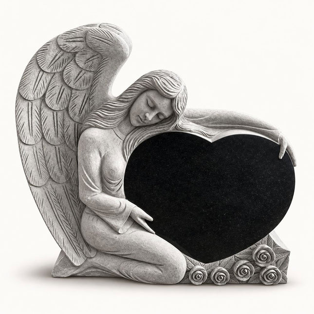 Black granite heart shaped headstone with a carved angel, feathered wing, and roses