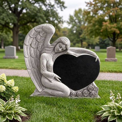 Heart shaped headstone with a carved angel and black granite panel in a cemetery