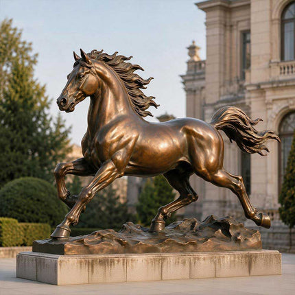Horse sculpture installed in a landscaped architectural environment