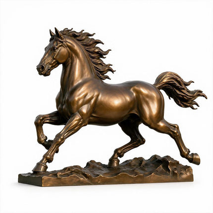 Horse sculpture with galloping form and bronze patina