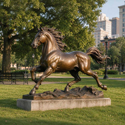 Bronze horse sculpture displayed in an outdoor landscape setting