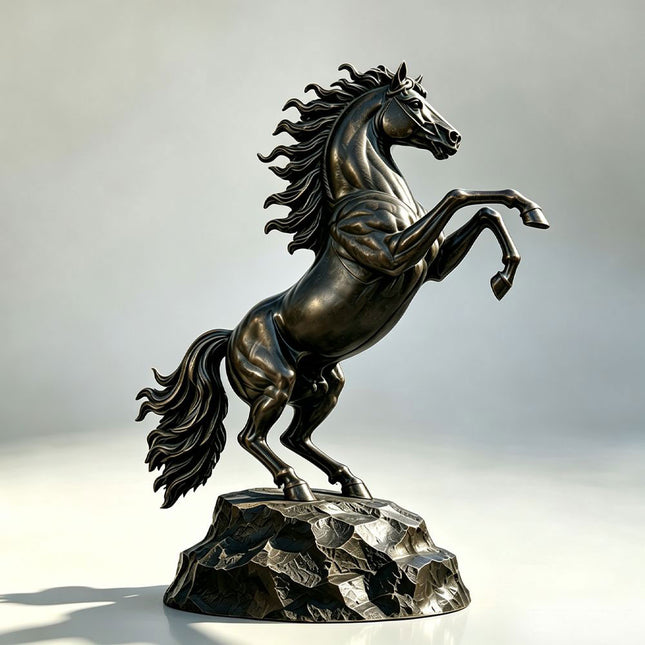 Bronze horse statue with raised forelegs, flowing mane and sculpted rock base