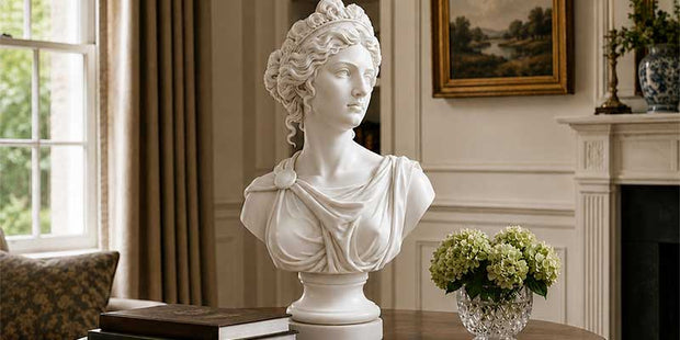 Marble bust sculpture displayed in a luxury interior space showing recommended sculpture scale for living rooms and foyers