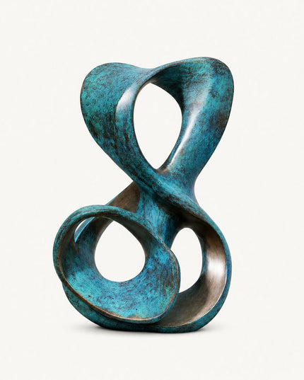 Abstract bronze sculpture showing interwoven loop structure and patinated surface finish