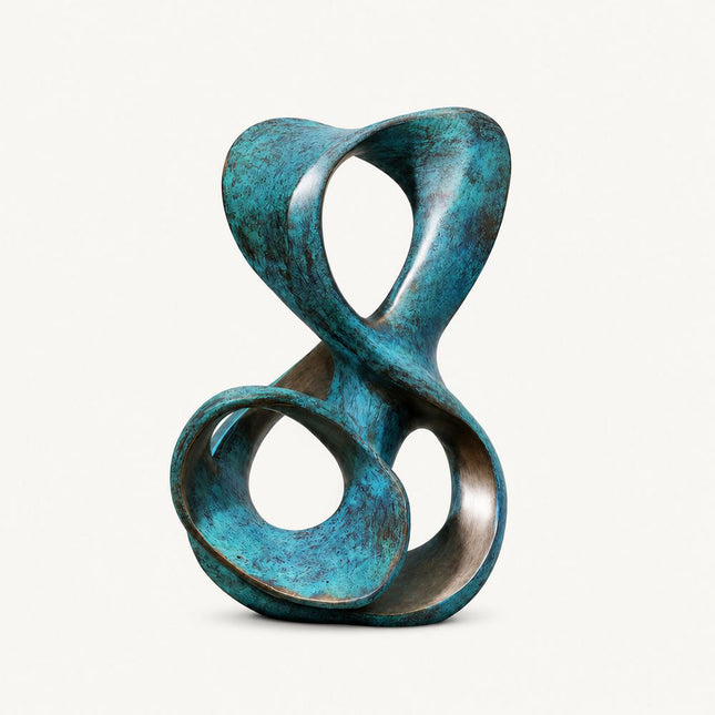Abstract bronze sculpture showing interwoven loop structure and patinated surface finish