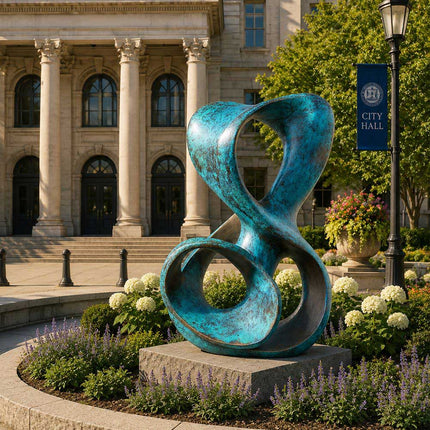 Interwoven loop form abstract bronze sculpture installed in a public architectural landscape