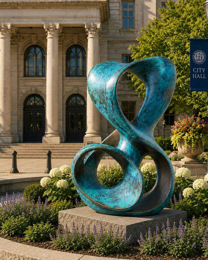 Interwoven loop form abstract bronze sculpture installed in a public architectural landscape
