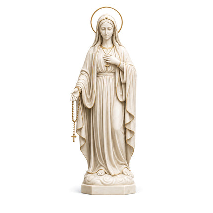 White marble Virgin Mary religious sculpture with carved robes and gold accent details
