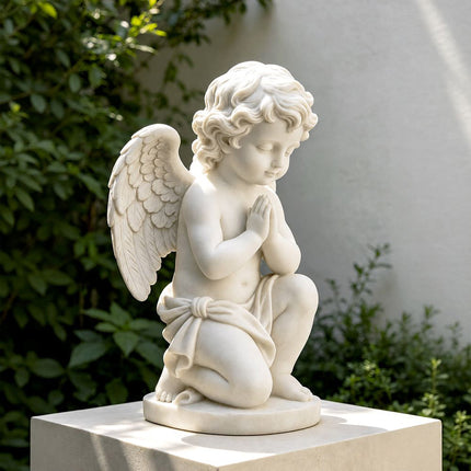 White marble kneeling angel sculpture displayed in a landscaped garden setting