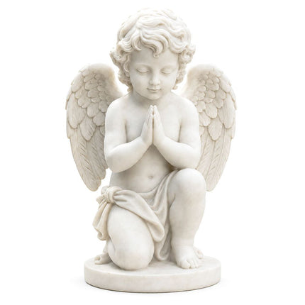White marble kneeling praying angel sculpture with carved wings and classical details