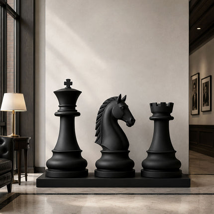 Large black king, knight, and rook chess sculptures displayed together on a dark platform in a modern interior.
