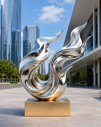 arge scale abstract stainless steel sculpture with satin polished finish installed in a contemporary public space