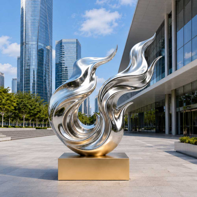 arge scale abstract stainless steel sculpture with satin polished finish installed in a contemporary public space