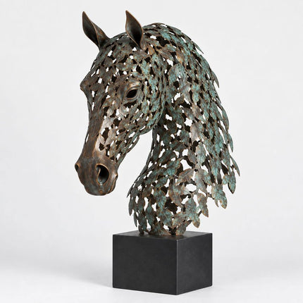 Leaf-inspired bronze horse head sculpture with an openwork mane, green patina accents, and a dark square pedestal