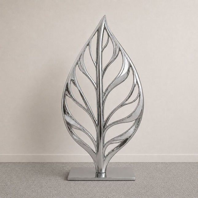 Leaf inspired organic sculpture crafted in mirror polished stainless steel