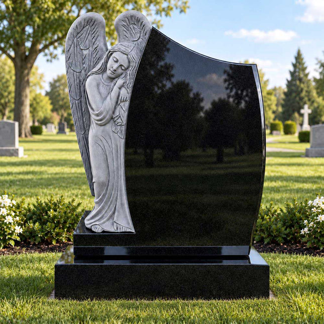 Leaning angel headstone in black granite displayed in a cemetery setting