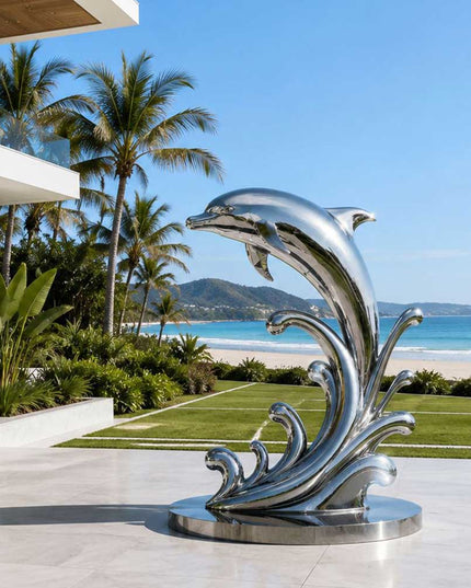 Stainless steel dolphin sculpture displayed in a contemporary coastal outdoor setting