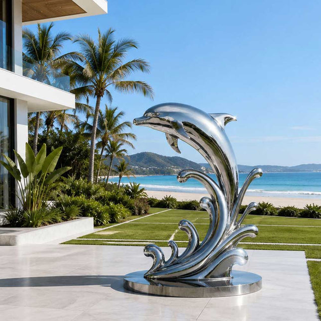 Stainless steel dolphin sculpture displayed in a contemporary coastal outdoor setting