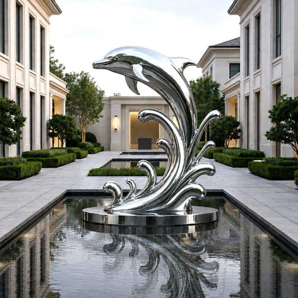 Mirror polished stainless steel dolphin sculpture installed in a modern courtyard landscape