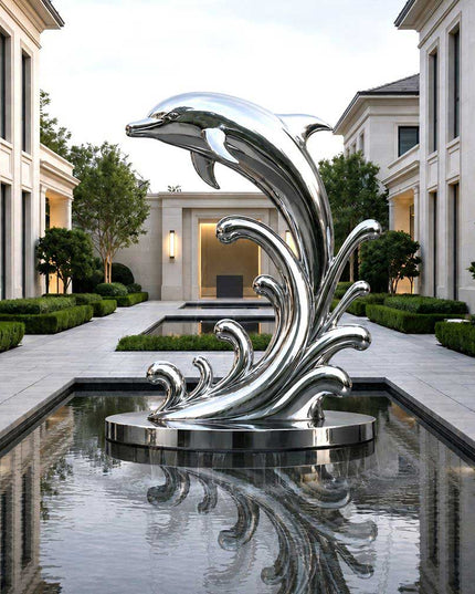 Mirror polished stainless steel dolphin sculpture installed in a modern courtyard landscape