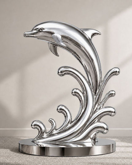 Leaping dolphin wave sculpture in mirror polished stainless steel front view
