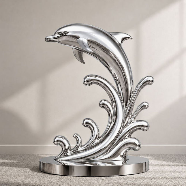 Leaping dolphin wave sculpture in mirror polished stainless steel front view