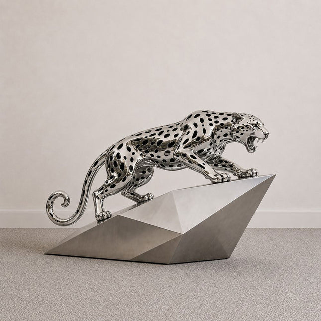 Modern stainless steel leopard animal sculpture with dynamic pose and polished surface