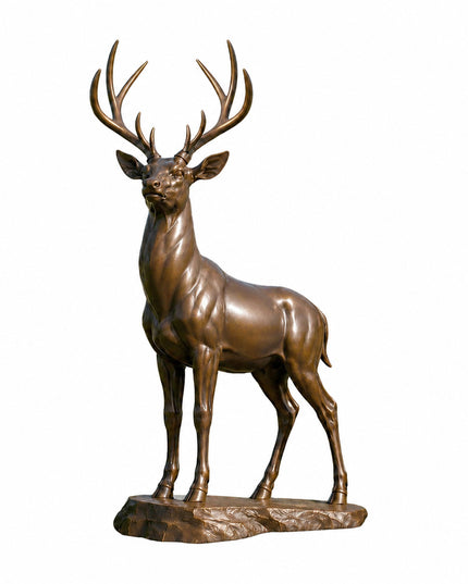 Life size bronze deer statue with detailed antlers and handcrafted bronze finish