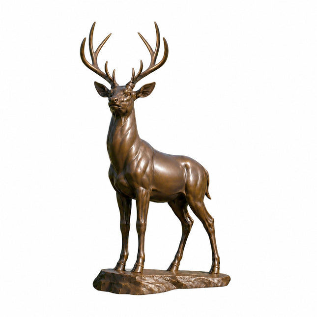 Life size bronze deer statue with detailed antlers and handcrafted bronze finish