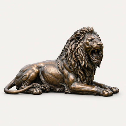 Bronze lion garden statue with a reclining form and detailed mane