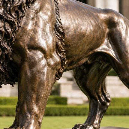 Bronze lion sculpture detail showing muscular anatomy and warm brown patina