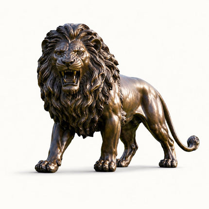 Bronze lion statue with powerful standing form, full mane, and detailed anatomy