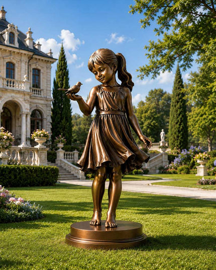 Bronze girl sculpture with bird in a luxury garden setting