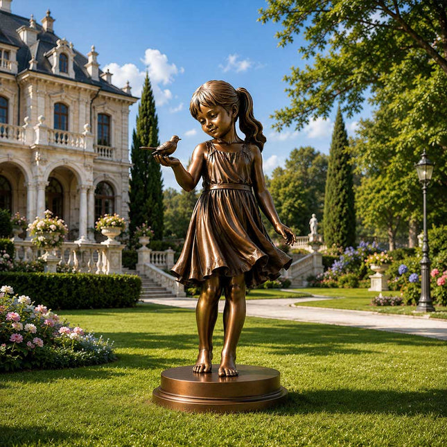 Bronze girl sculpture with bird in a luxury garden setting