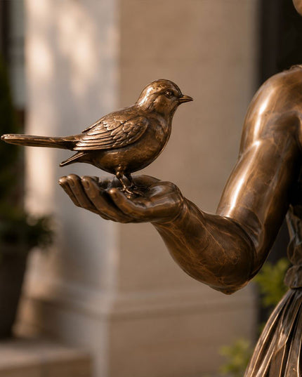 Close-up detail of bronze bird held by girl sculpture