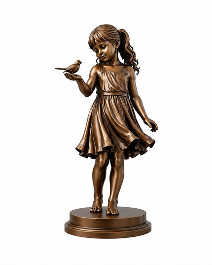 Little girl with bird bronze sculpture on white background