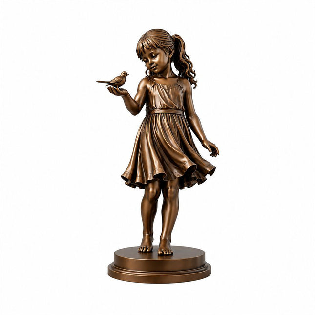Little girl with bird bronze sculpture on white background